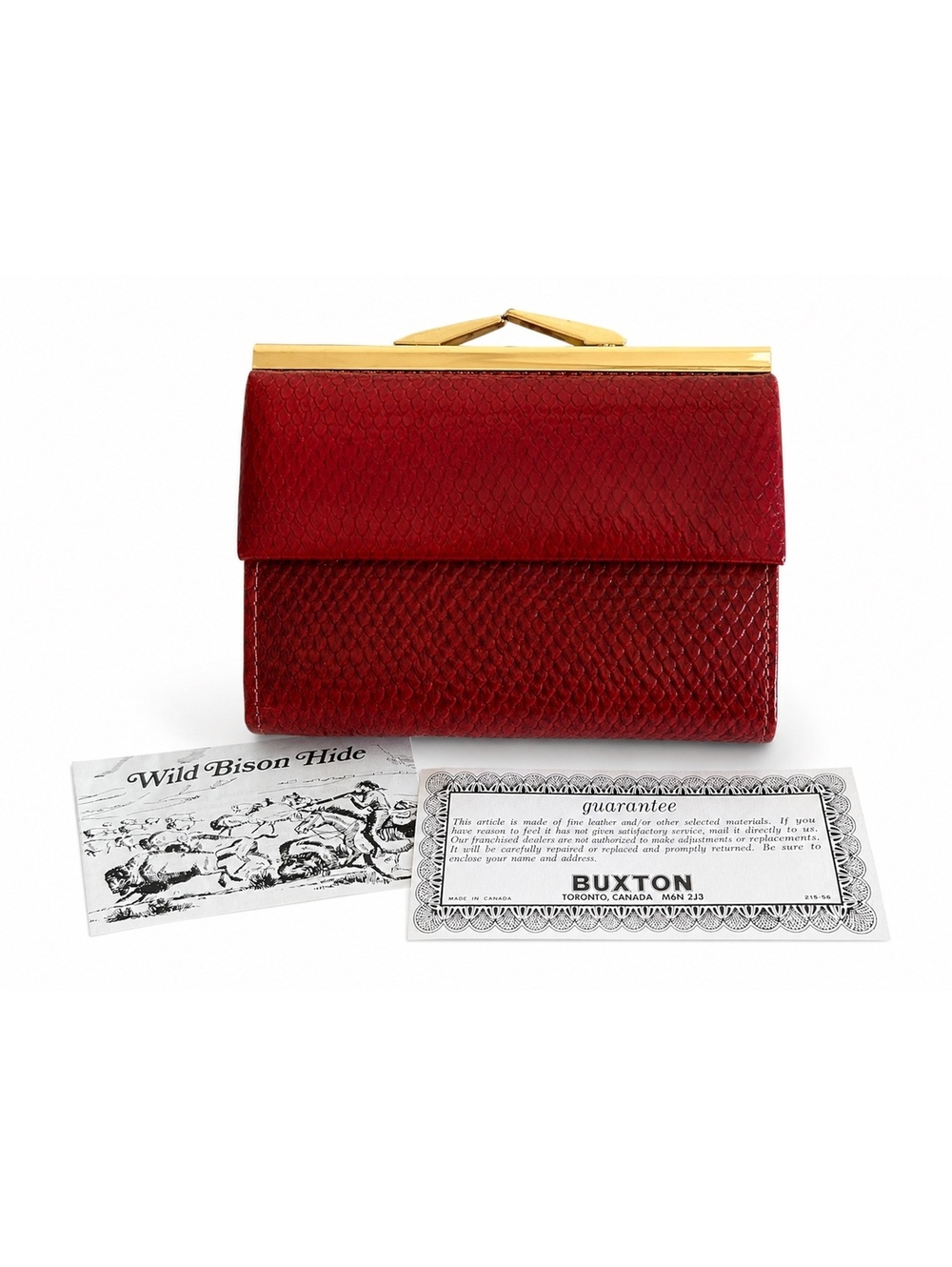 Vintage Buxton Wild Bison Hide Red Leather Wallet Kiss Lock Made in Canada